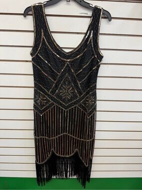 Fundaisy Beaded Fringe Gatsby Cocktail Dress Black Gold Size L